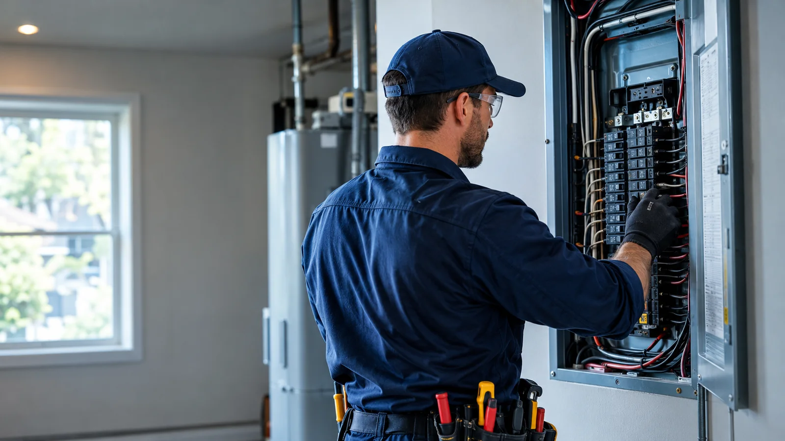 Electrician inspecting a residential electrical breaker panel
