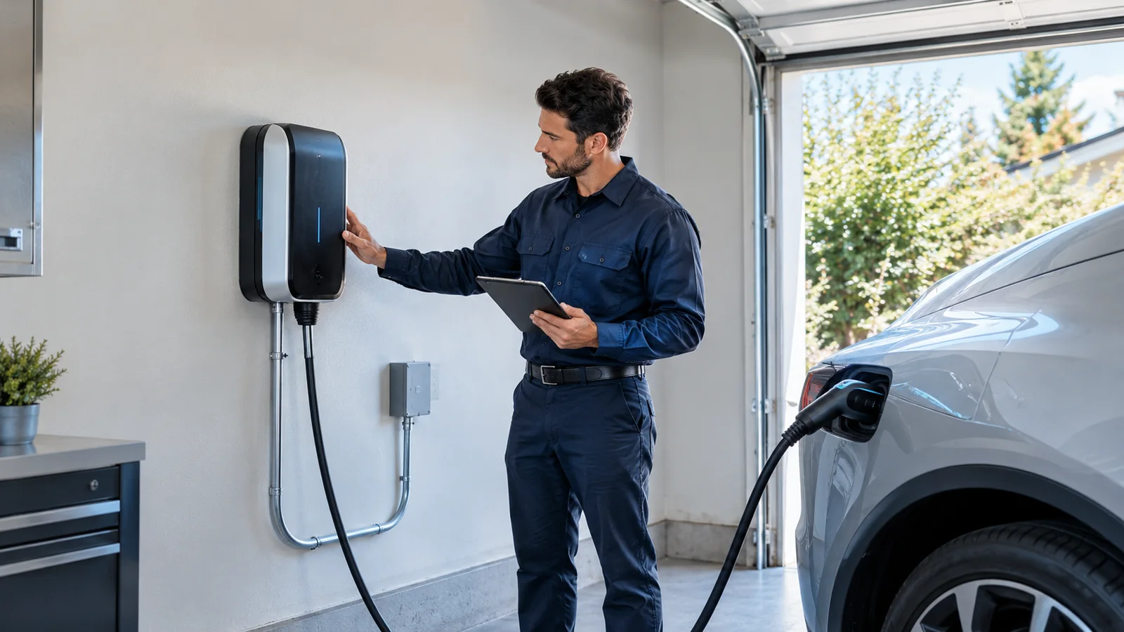 Technician checking a wall-mounted Level 2 home EV charger beside a parked electric car