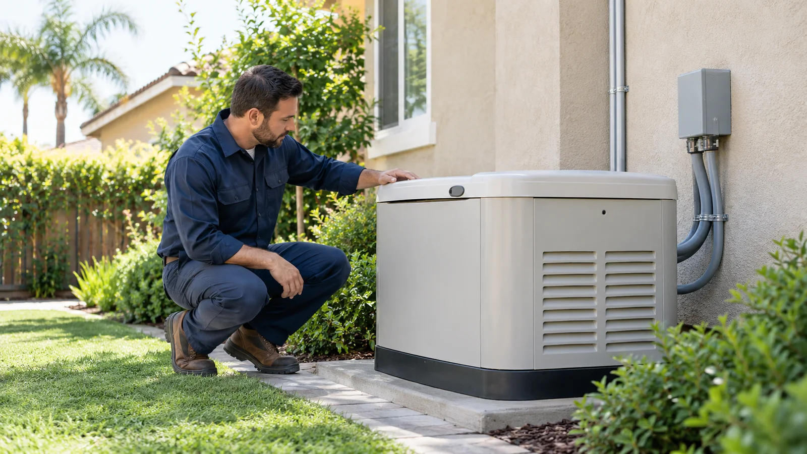 Technician inspecting a standby generator installed on a residential outdoor pad